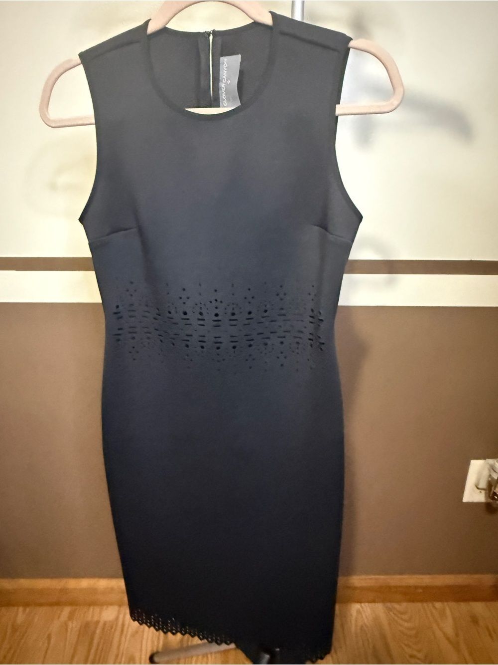 Clover Canyon Black Sleeveless Midi Dress with Laser-Cut Waist & Hem Detail